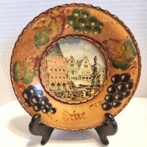 German Scier Hand-Painted Vintage Decorative Wooden Plate w/Market Scene READ